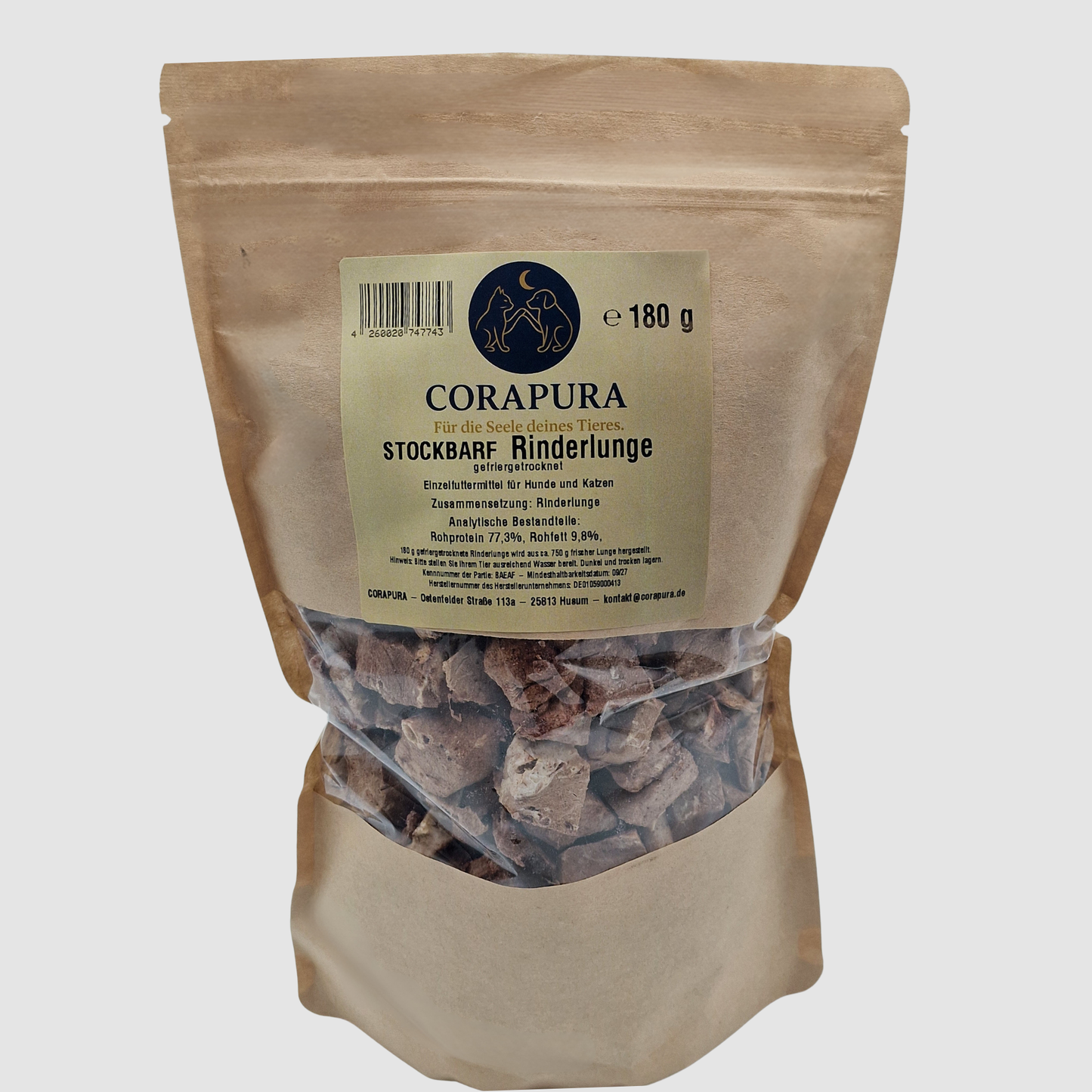 STOCKBARF Rinderlunge  – Natürlicher Snack für Hunde und Katzen (180 g)